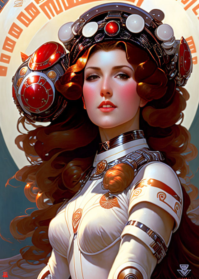 Futuristic woman in white and orange armor with high-tech helmet