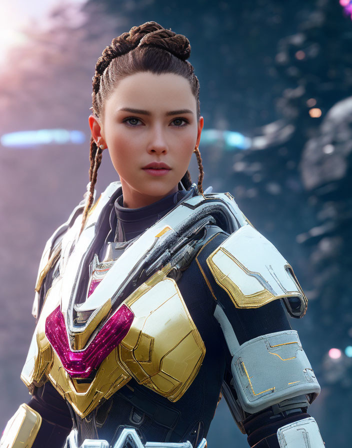 Digital artwork of woman in futuristic armor with braided hair against natural background