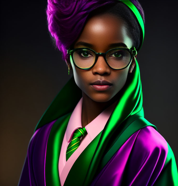 Confident woman with purple hair and green glasses in colorful attire