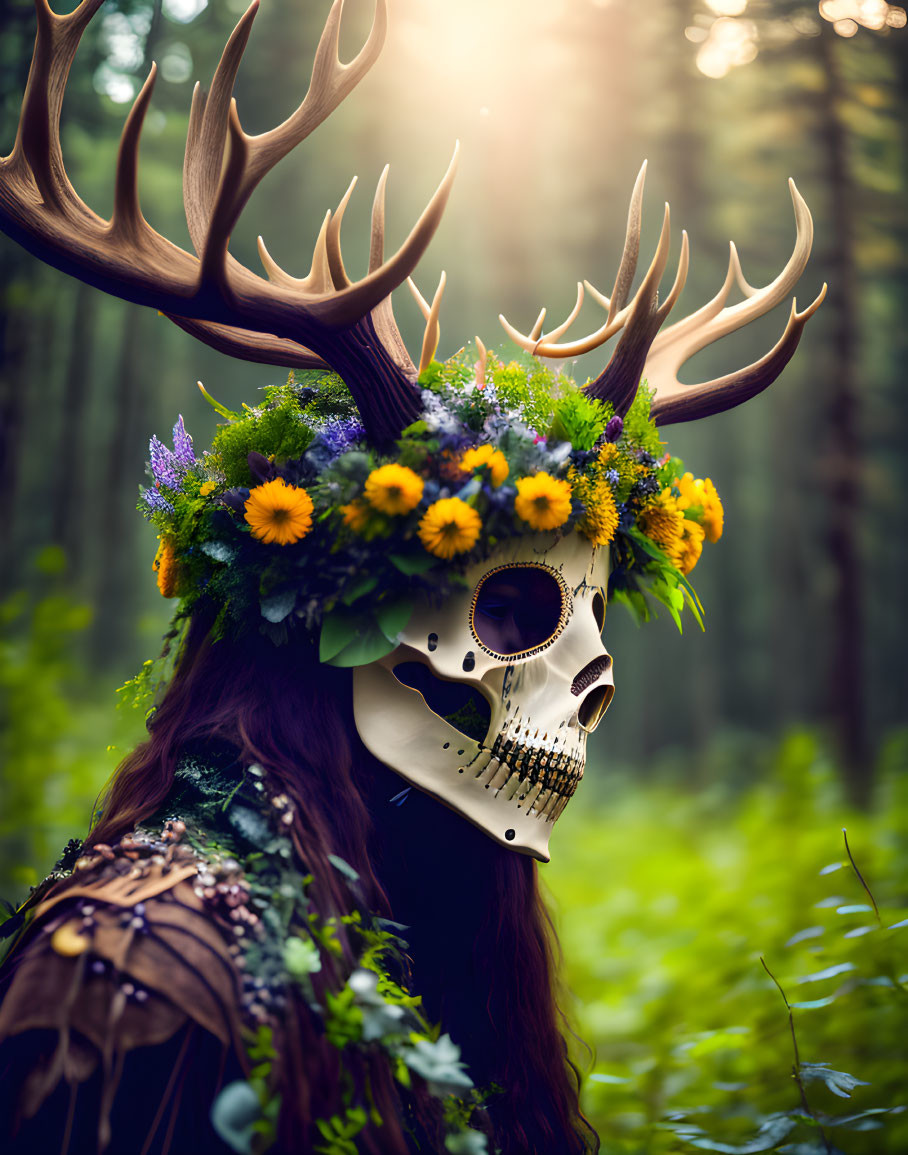 Person in forest with skull mask, antlers & flowers in soft sunlight