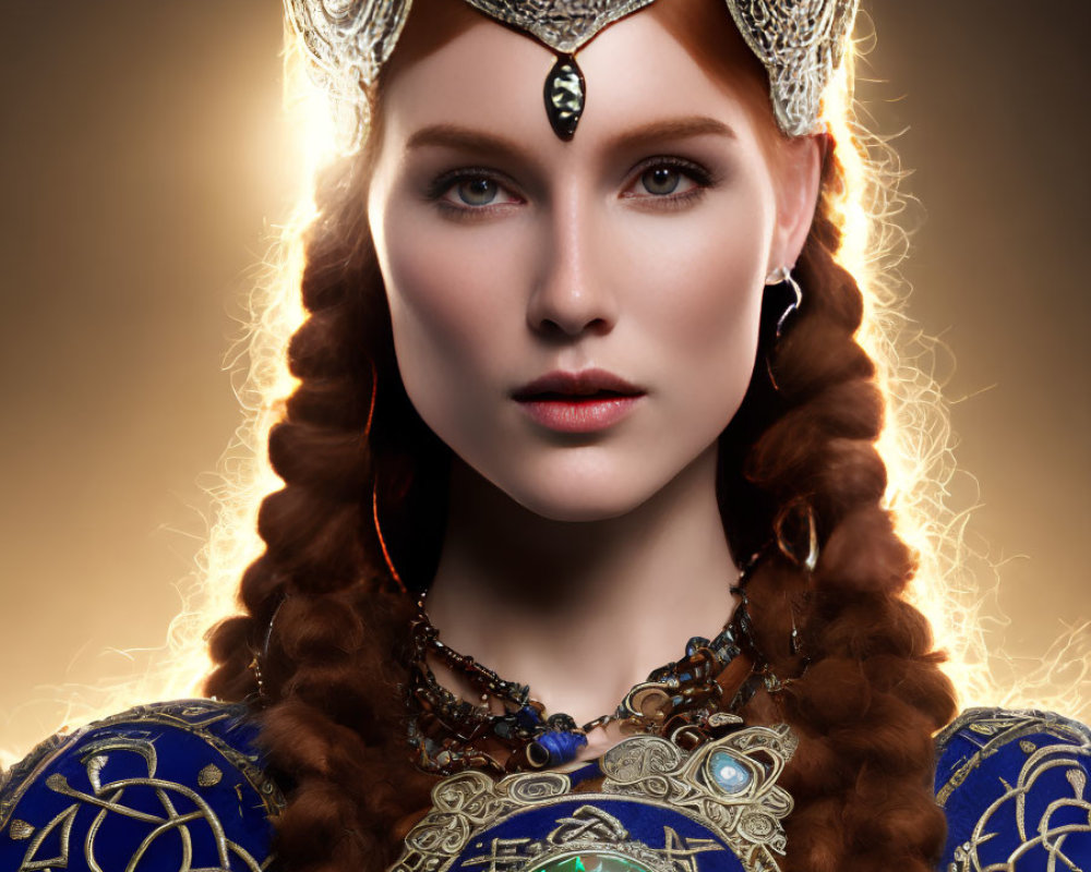 Braided hair with decorative headpiece and gemstone shoulder armor