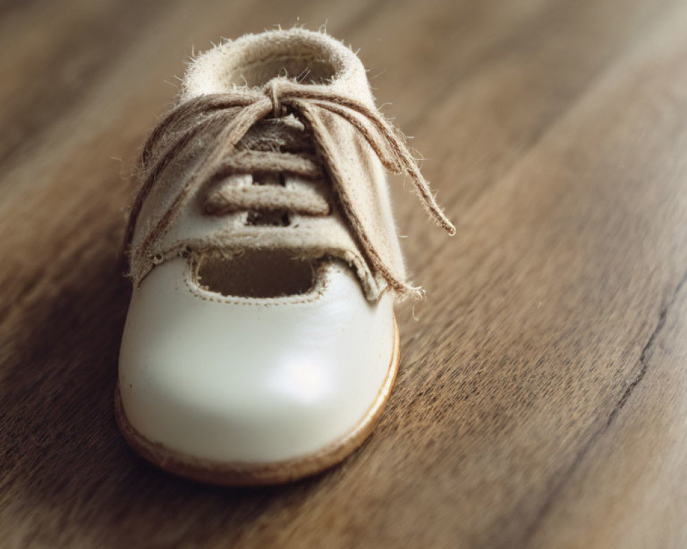 Small Worn Baby Shoe with Untied Laces on Wooden Floor