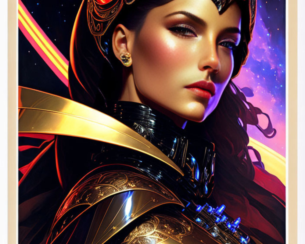 Digital portrait of a woman in black and gold armor with horned helmet and cosmic backdrop