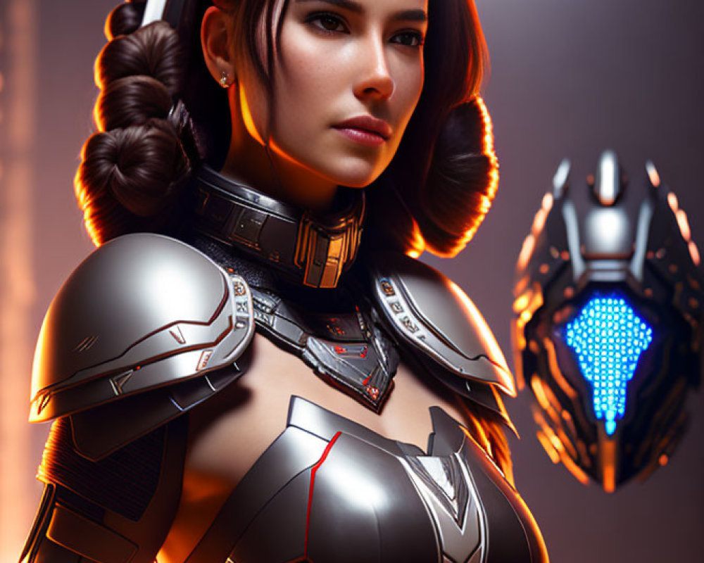 Digital artwork: Woman with brown hair in futuristic armor against abstract backdrop