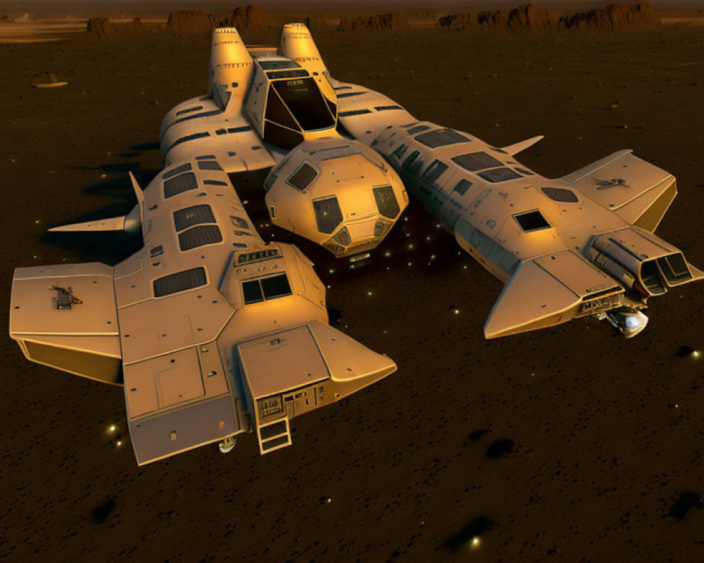 Futuristic spaceships on barren Mars-like terrain with rocks and dust.