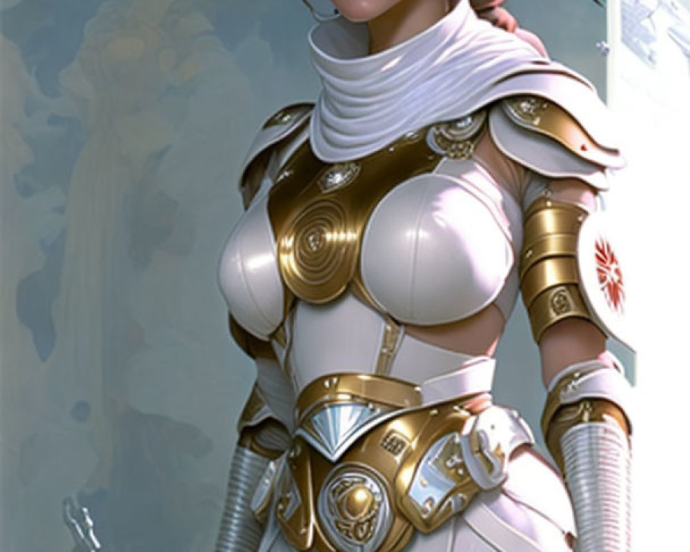 Futuristic woman in white-gold armor with ornate details on soft backdrop