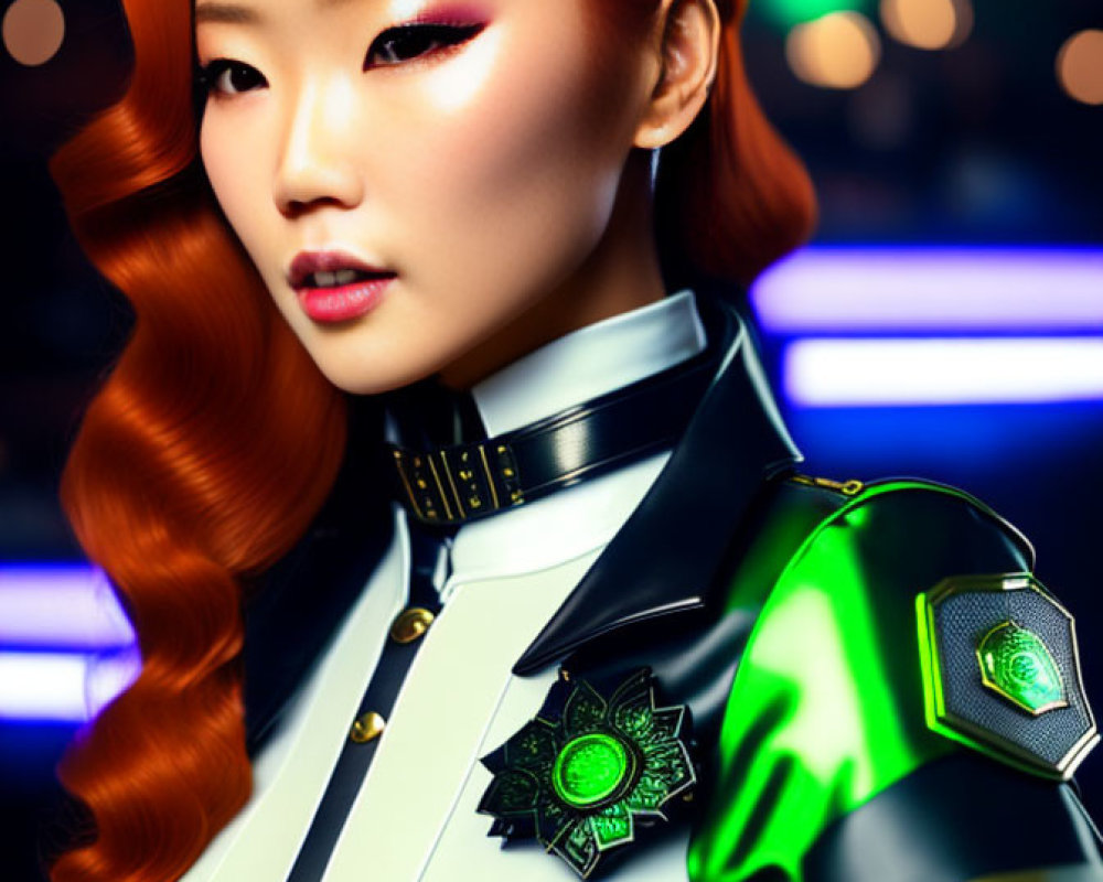 Red-haired woman in futuristic uniform against neon backdrop