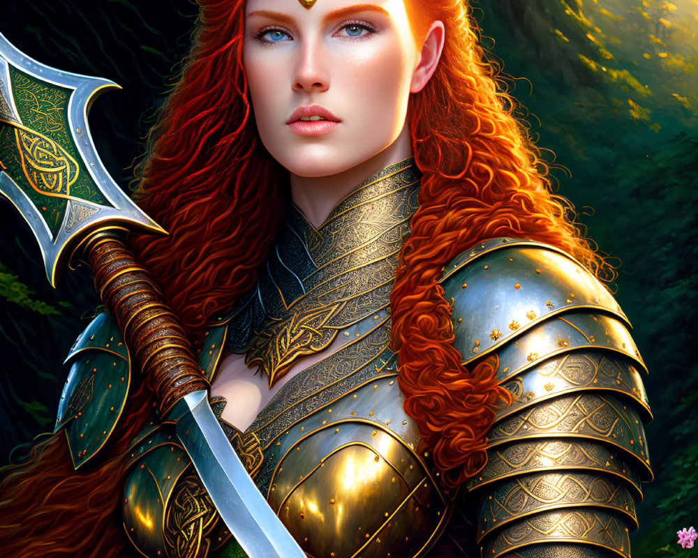 Red-Haired Warrior in Golden Armor with Axe and Sword in Sunlit Forest