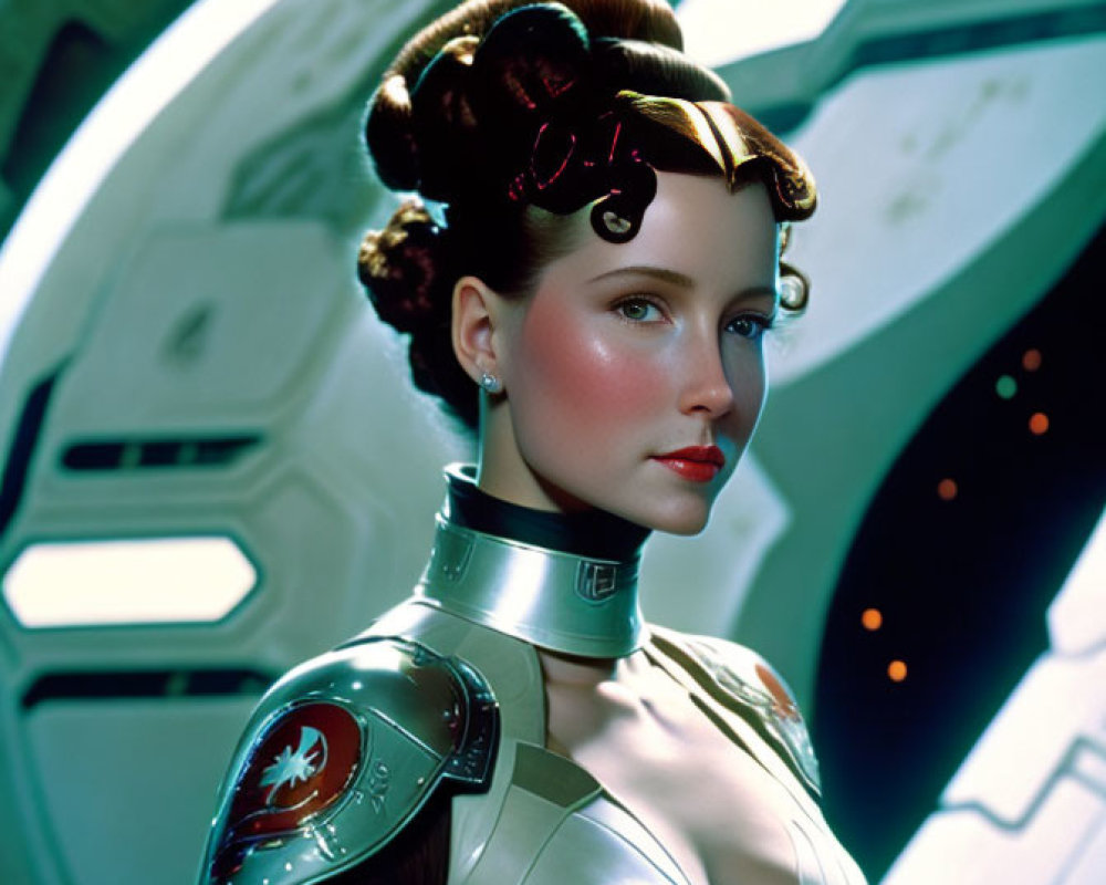 Elaborate hairstyle woman in futuristic armor with red insignia poses in sci-fi setting.