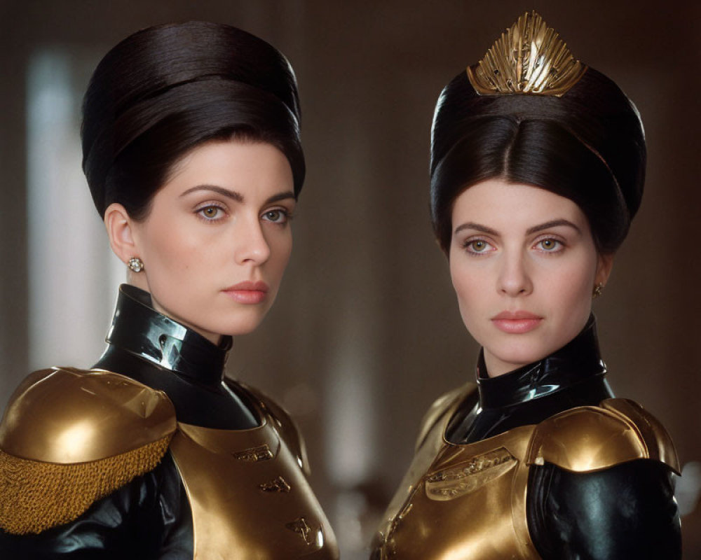 Futuristic black and gold costumes with elaborate hairstyles and headpieces