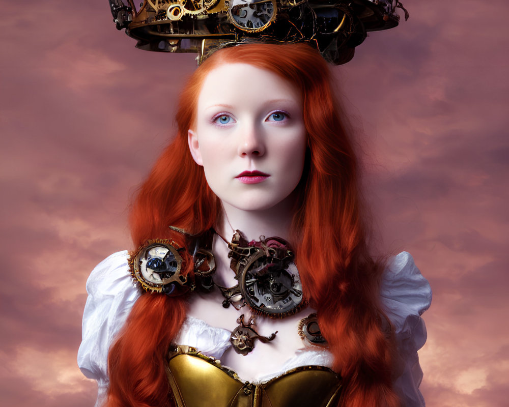 Red-haired woman in steampunk attire under pink-purple sky