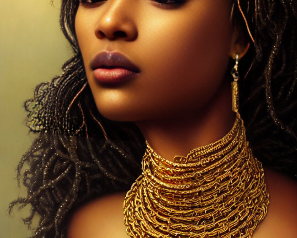 Portrait of Woman with Braided Hair and Gold Necklace