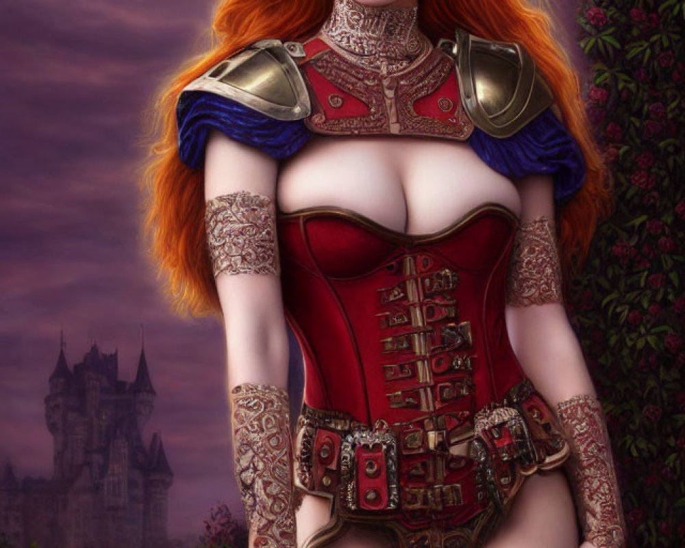 Fantasy digital artwork: Red-haired woman in armor with castle in purple sky