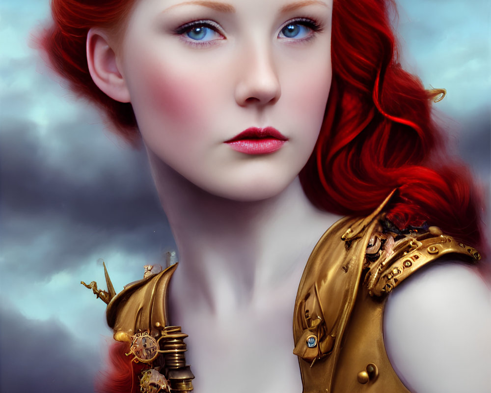 Regal figure with red hair and golden crown in cloudy sky setting