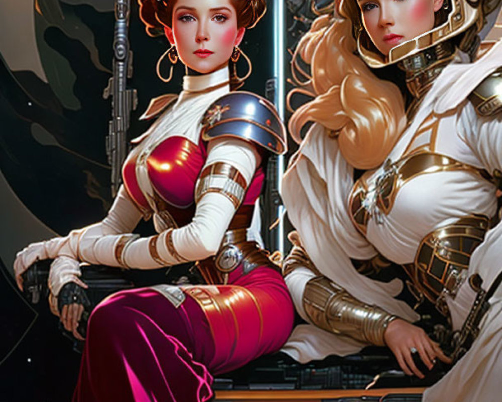 Three women in futuristic armor with elegant hairstyles in front of a sci-fi cityscape