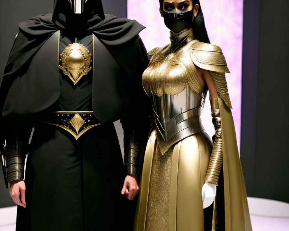 Futuristic knight-themed individuals in metallic armor on purple background