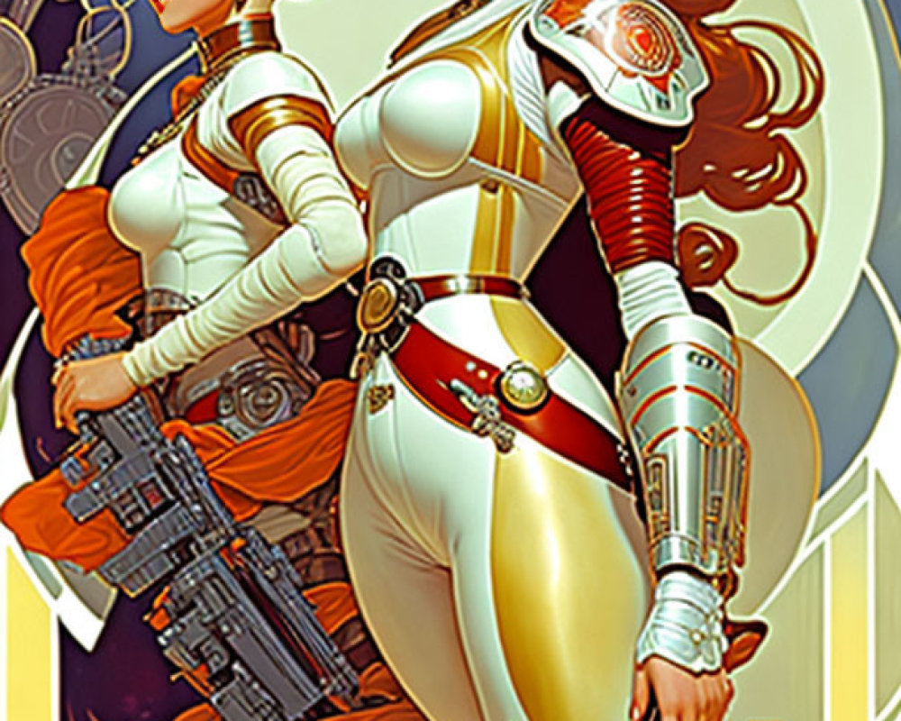 Stylized women in futuristic steampunk attire with weaponry and accessories.