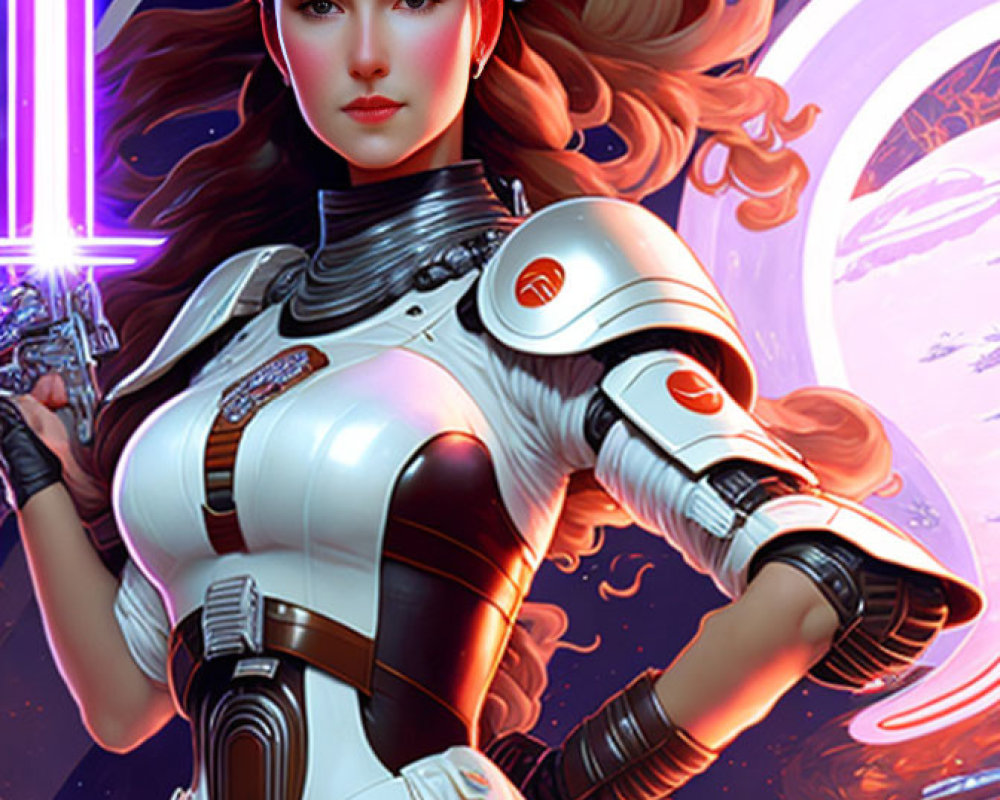 Female Space Warrior with Purple Lightsaber in Futuristic Armor Against Cosmic Backdrop