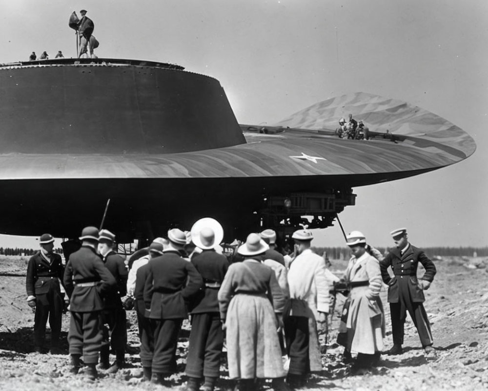 Vintage scene: People in early 20th-century attire view saucer-shaped military aircraft.