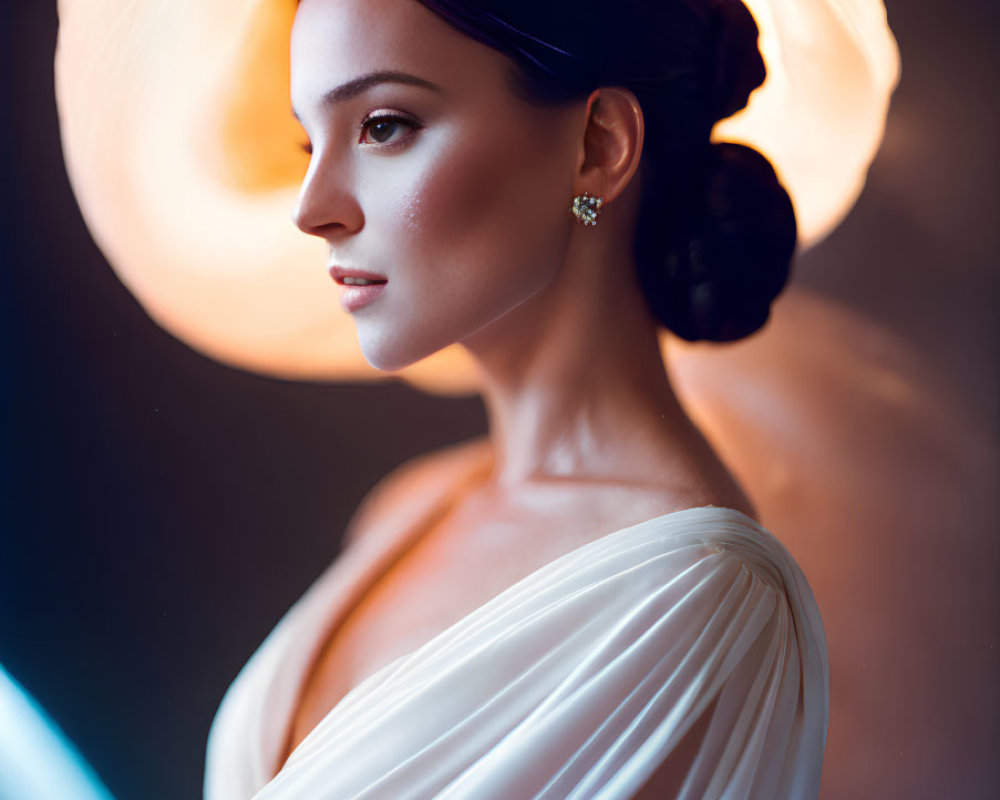 Dark-haired woman in bun, draped in white, backlit by halo light.