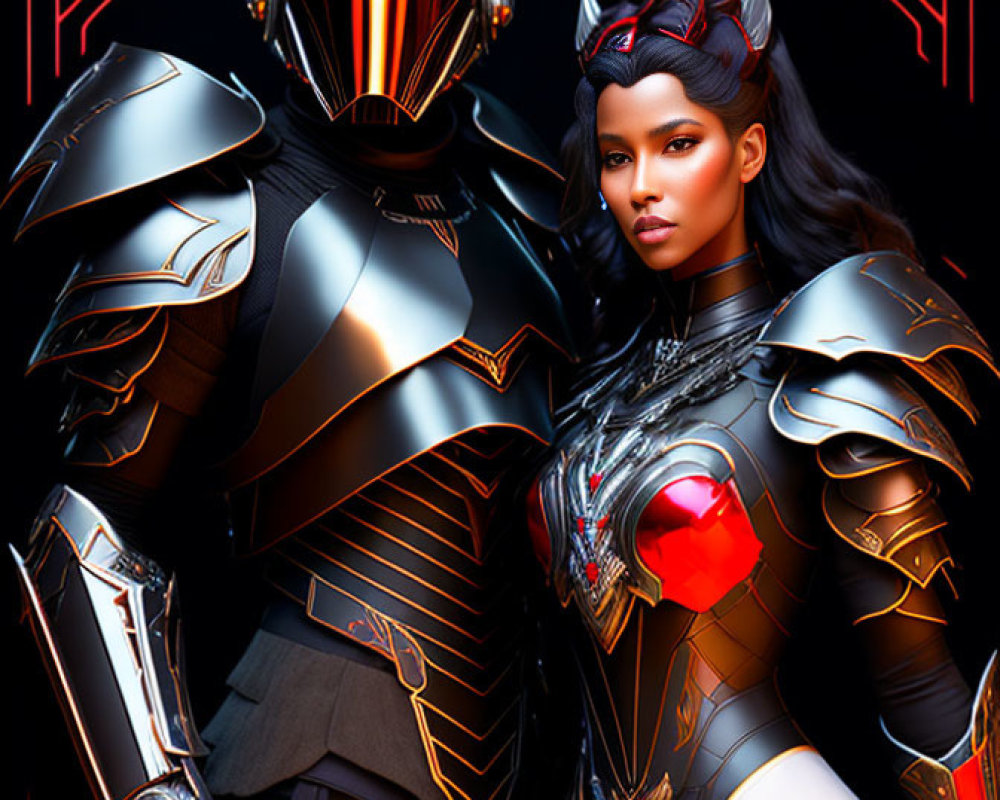 Futuristic armor-clad man and woman in red glow, ready for battle