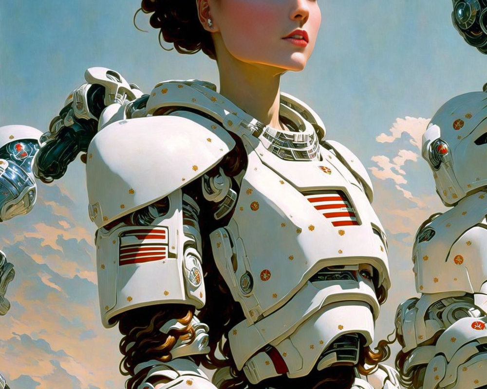 Detailed Female-Faced Humanoid Robot in White Futuristic Armor against Blue Sky