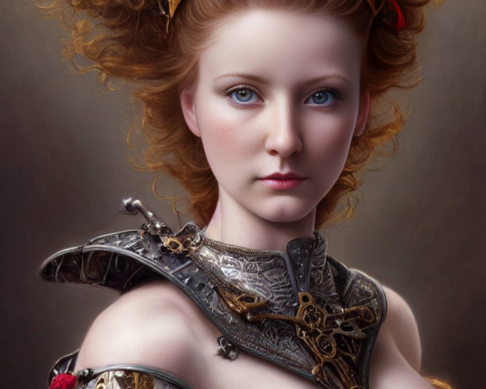 Woman with Blue Eyes and Red Curly Hair in Golden Crown and Armor Dress