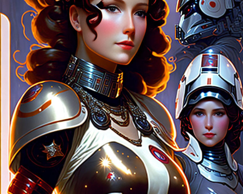 Stylized illustration of two female figures in vintage and futuristic armor