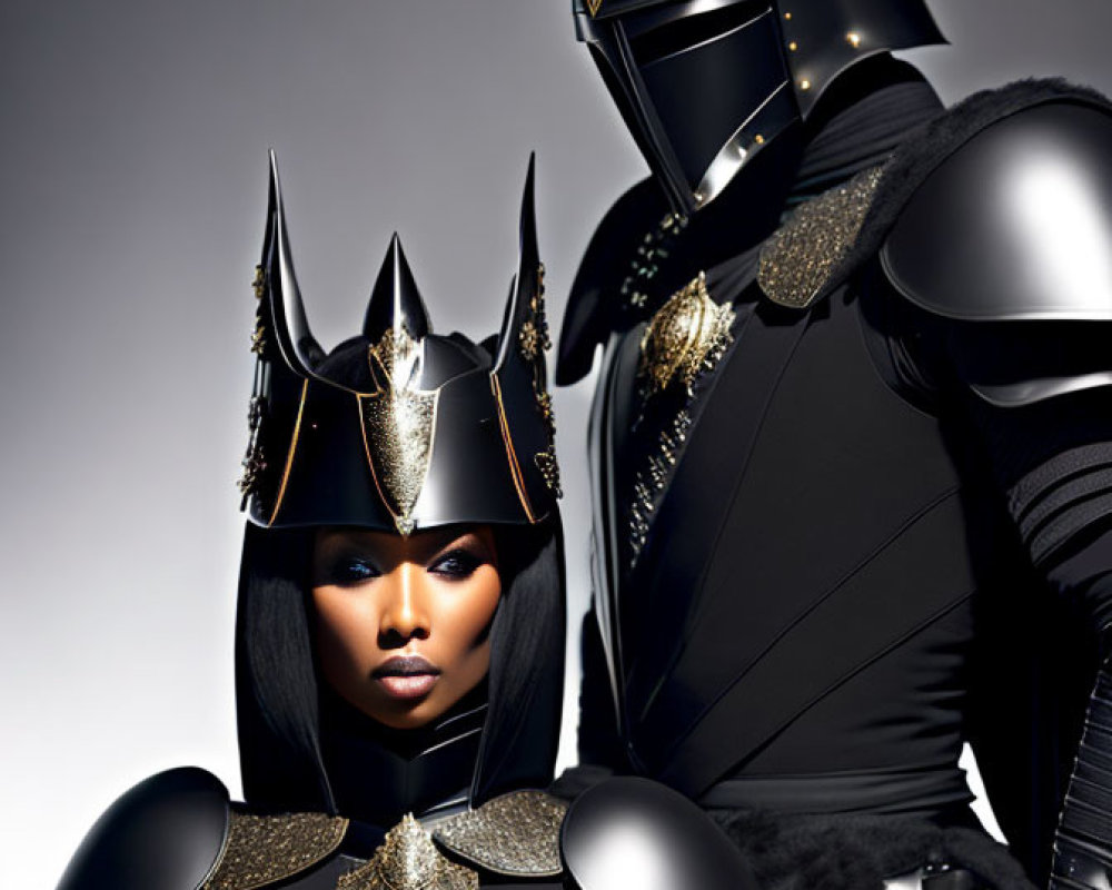 Two individuals in black and gold armor with horned helmet posing on grey background