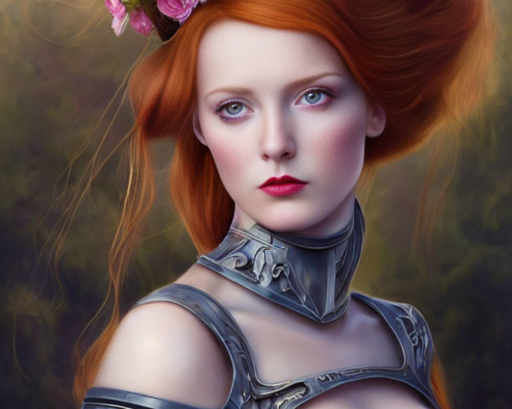 Digital artwork of woman with red hair in silver armor and floral crown against forest backdrop