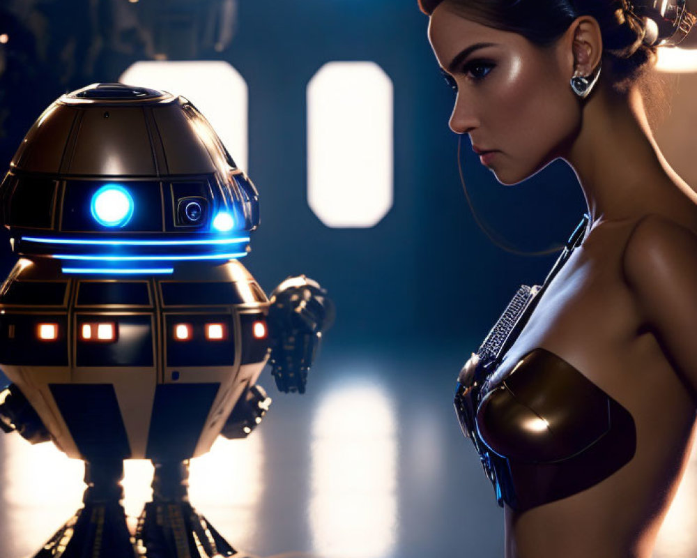 Futuristic woman with droid in sci-fi setting