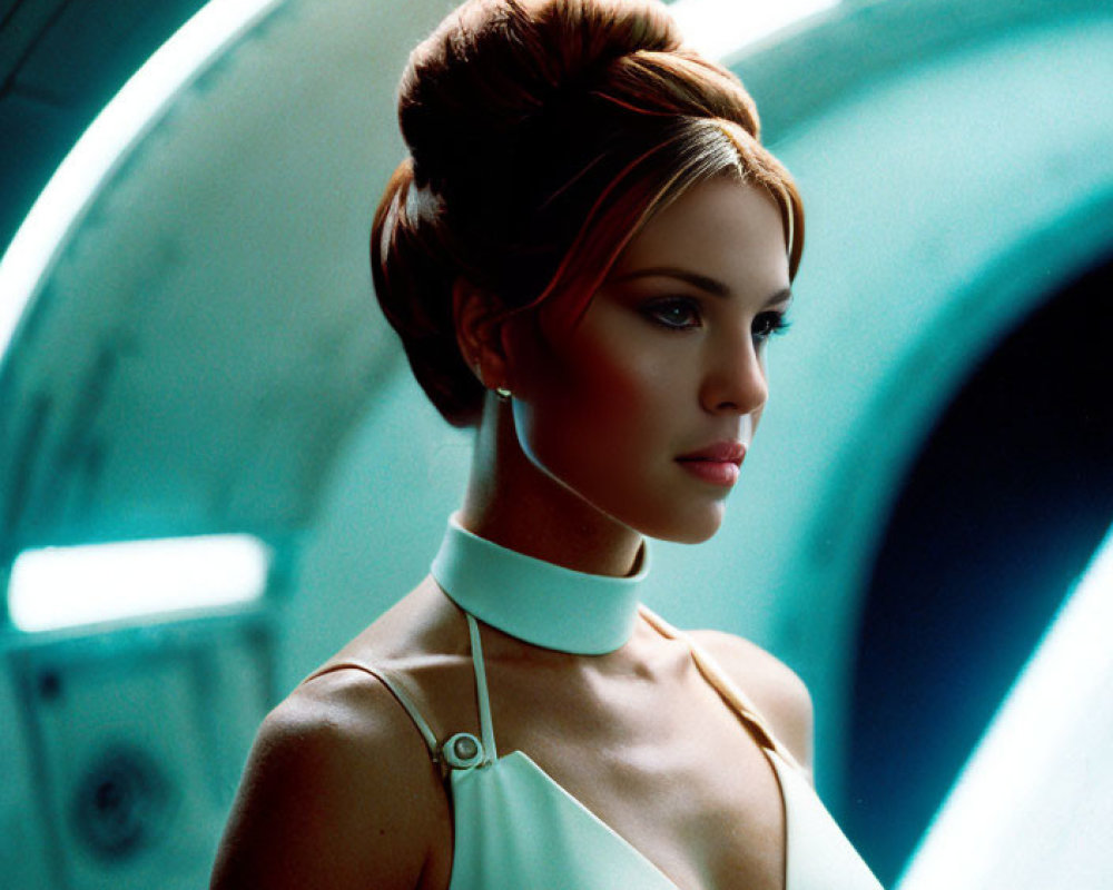 Woman with elegant updo hairstyle in front of futuristic circular structure