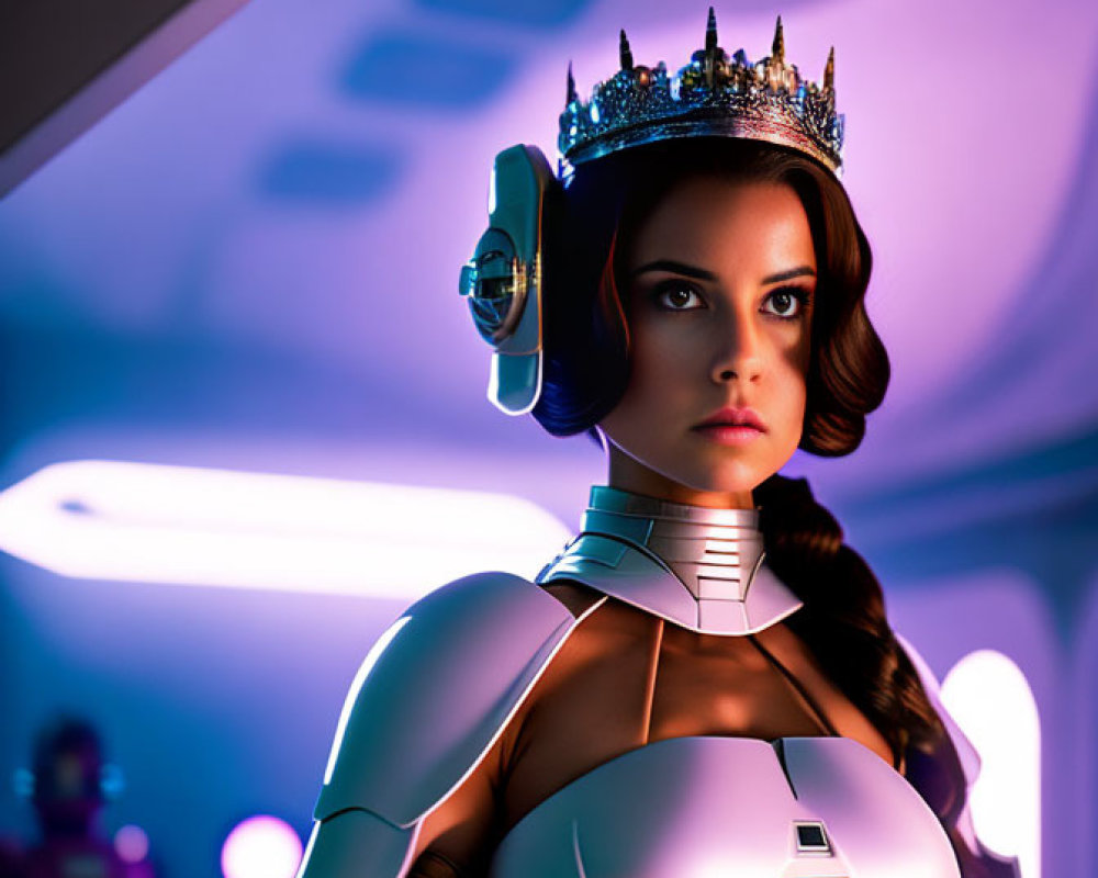 Female robotic figure in crown and futuristic armor inside spaceship with neon lighting