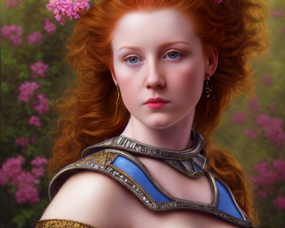 Vibrant red-haired woman in blue and silver armor with pink flowers.