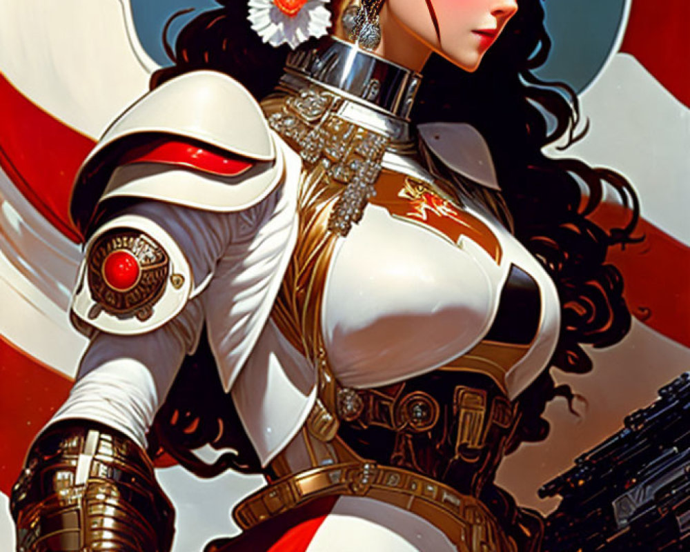 Futuristic warrior woman illustration in headpiece and shield, red and blue backdrop