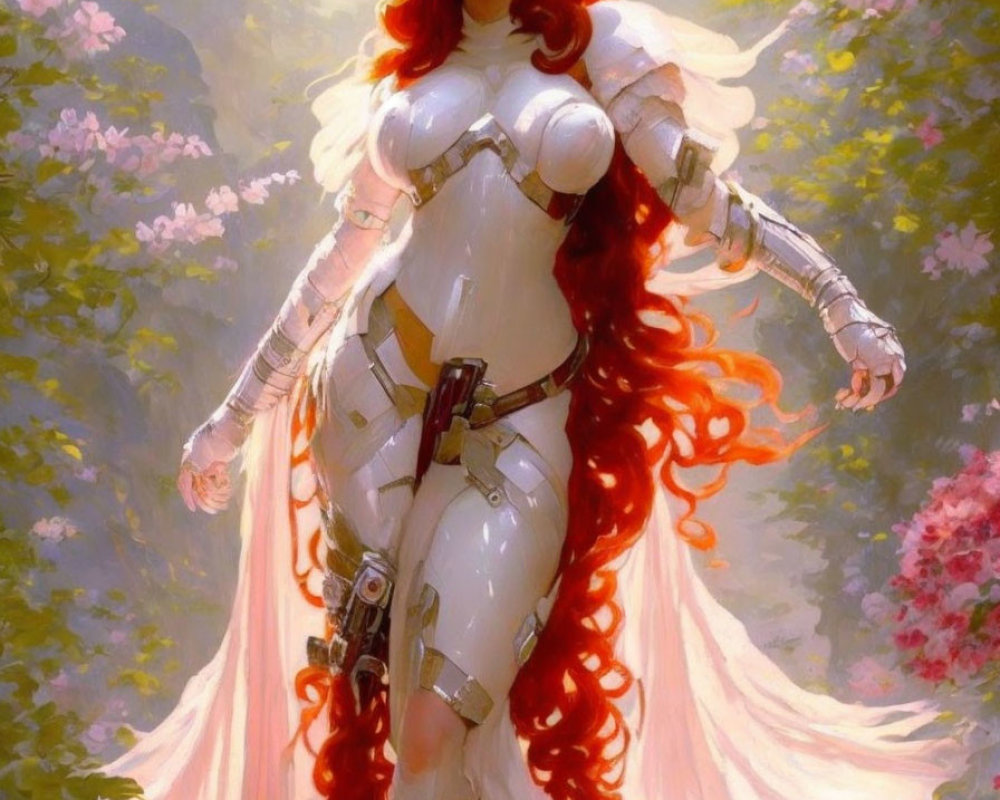 Fantasy illustration: Woman in white armor with red hair in blooming forest.