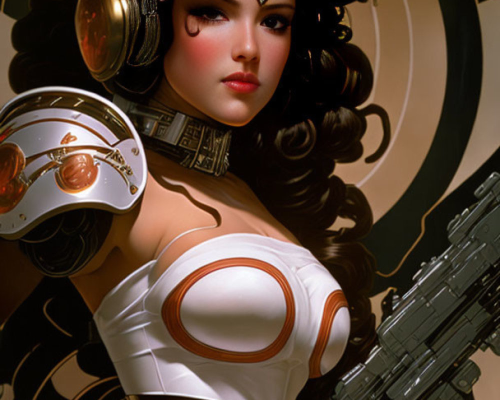 Futuristic female character with large headphones, ornate helmet, and sci-fi blaster