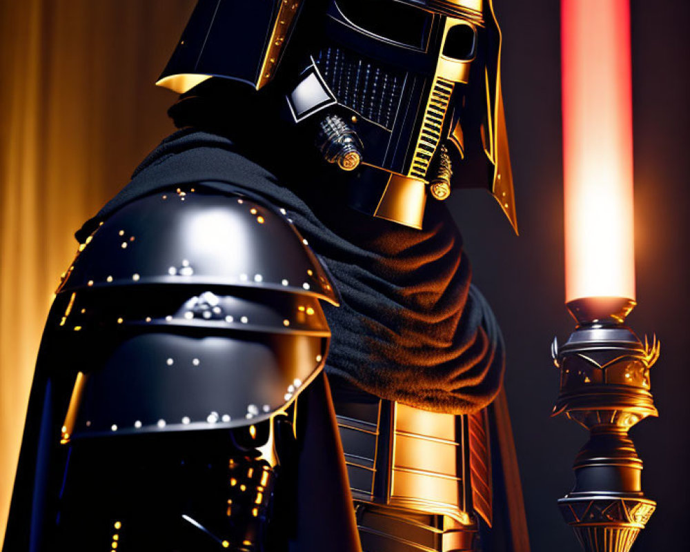 Figure in Black Armor Wielding Red Lightsaber