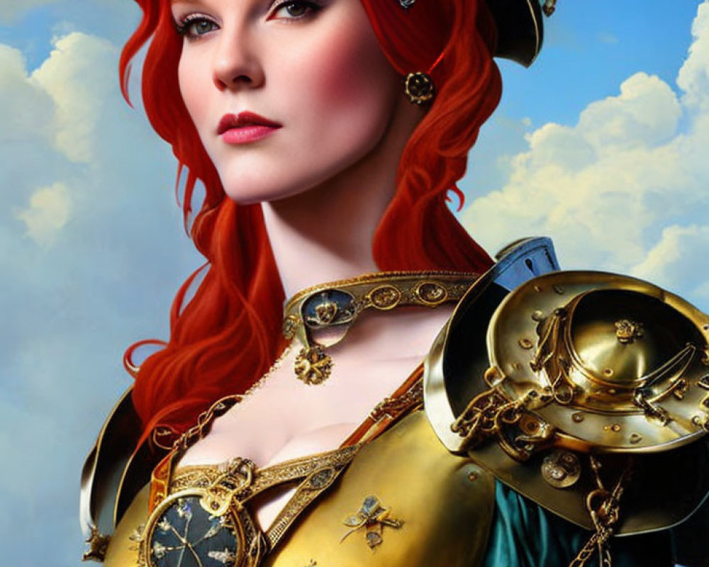 Vibrant red-haired woman in golden armor with compass design against blue sky