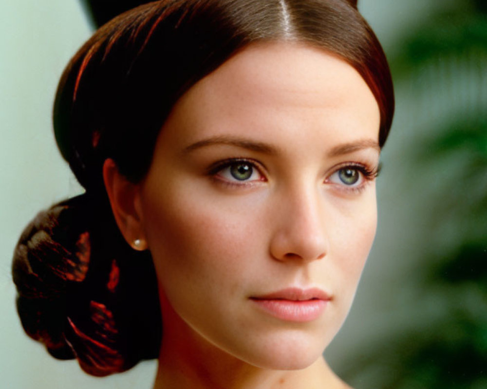 Woman with Cylindrical Hat and Low Bun Hairstyle and Brown Hair Ornament