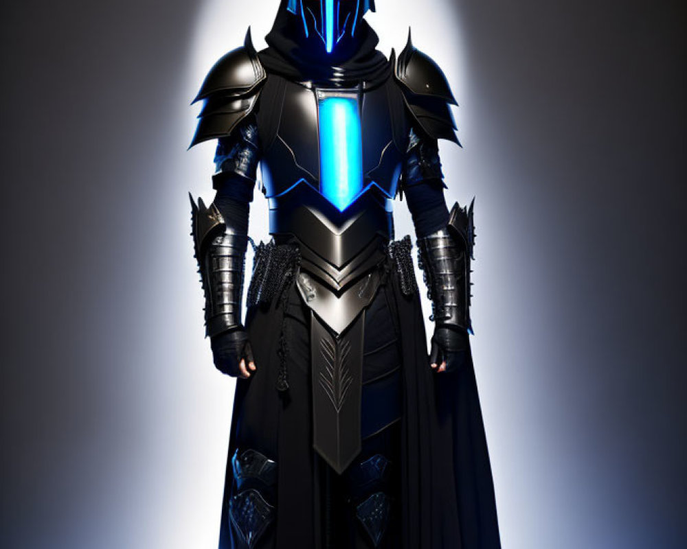 Futuristic knight armor with glowing blue elements on dark background