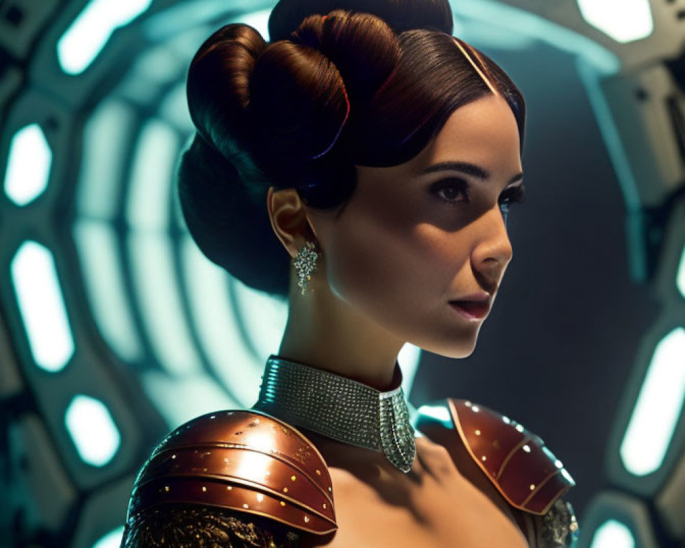 Elaborate Hairstyle Woman in Futuristic Attire with Sci-Fi Background