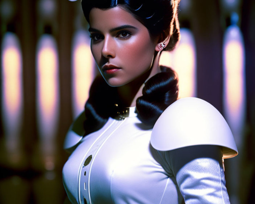 Futuristic white and gold costume with ornate headgear and shoulder pads on woman posing against vertical