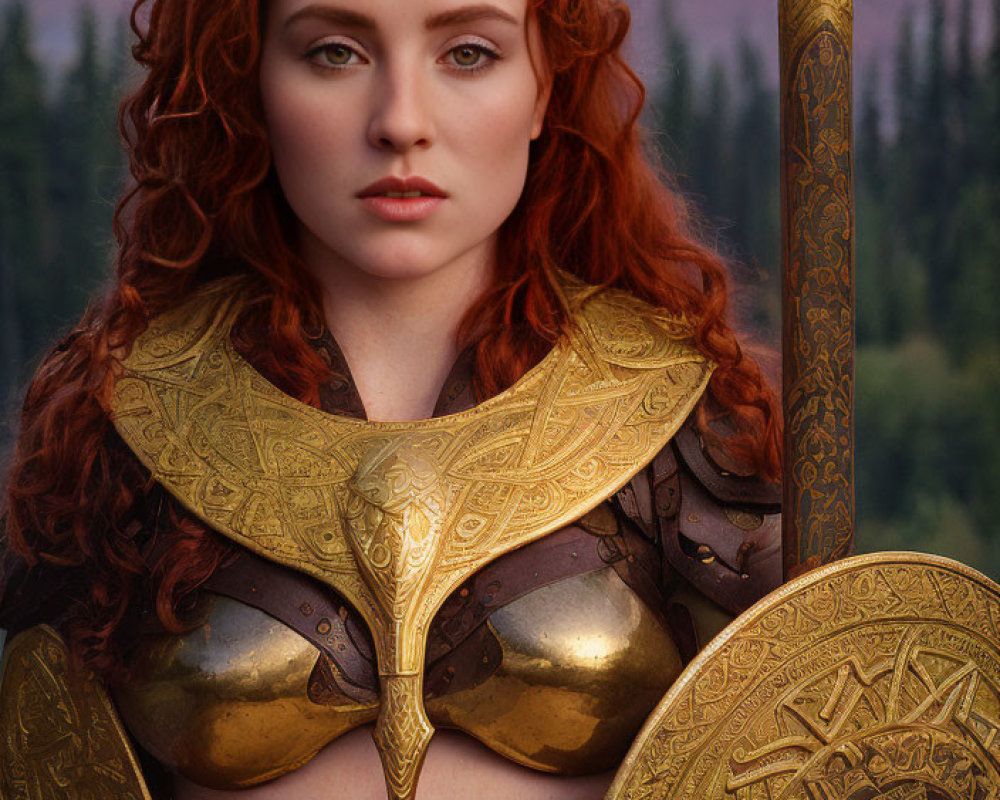 Curly Red-Haired Woman in Golden Armor with Shield in Natural Setting