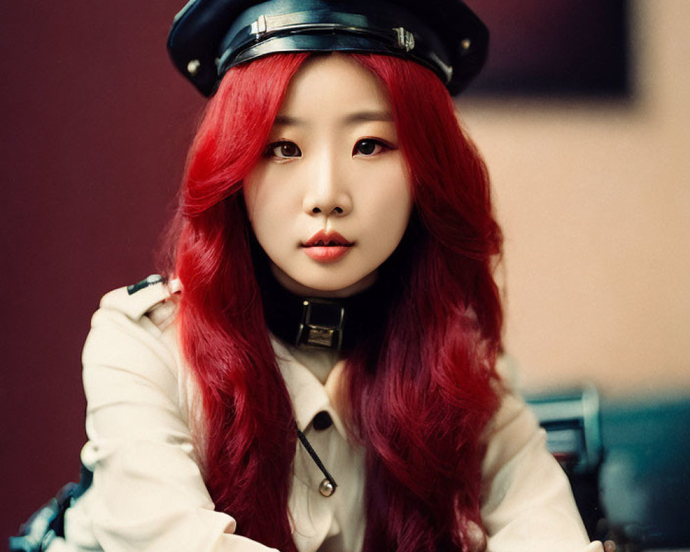 Red-Haired Woman in Police-Style Cap on Maroon Background