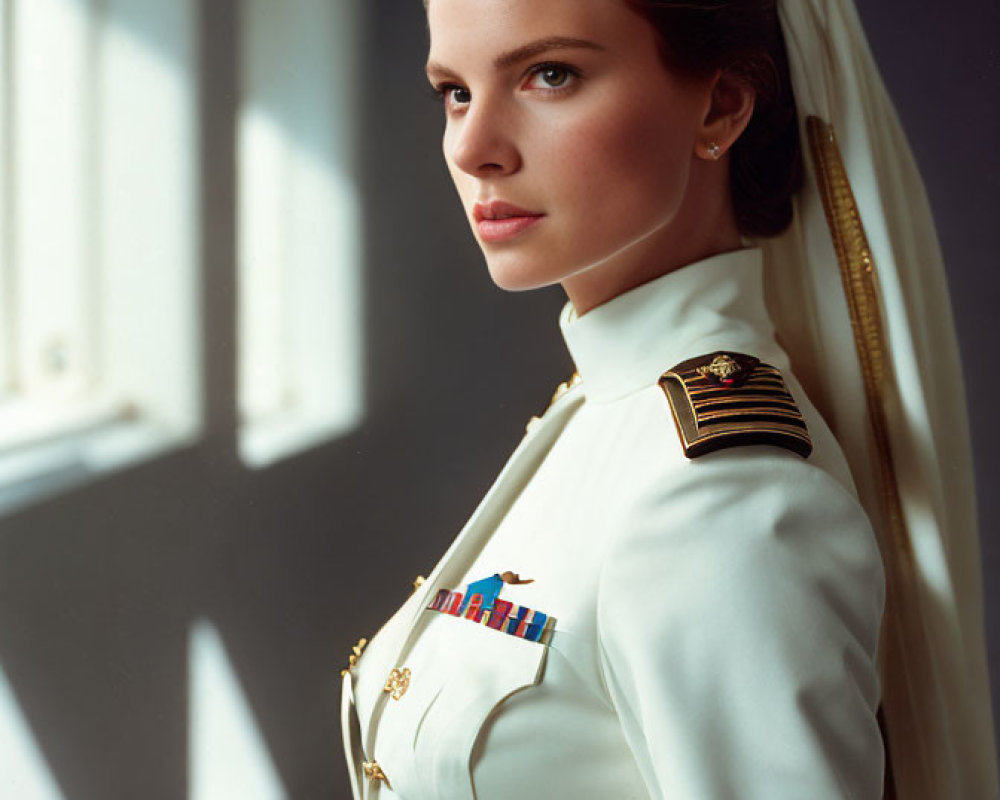 Profile of Woman in White Military Uniform with Medals and Cap