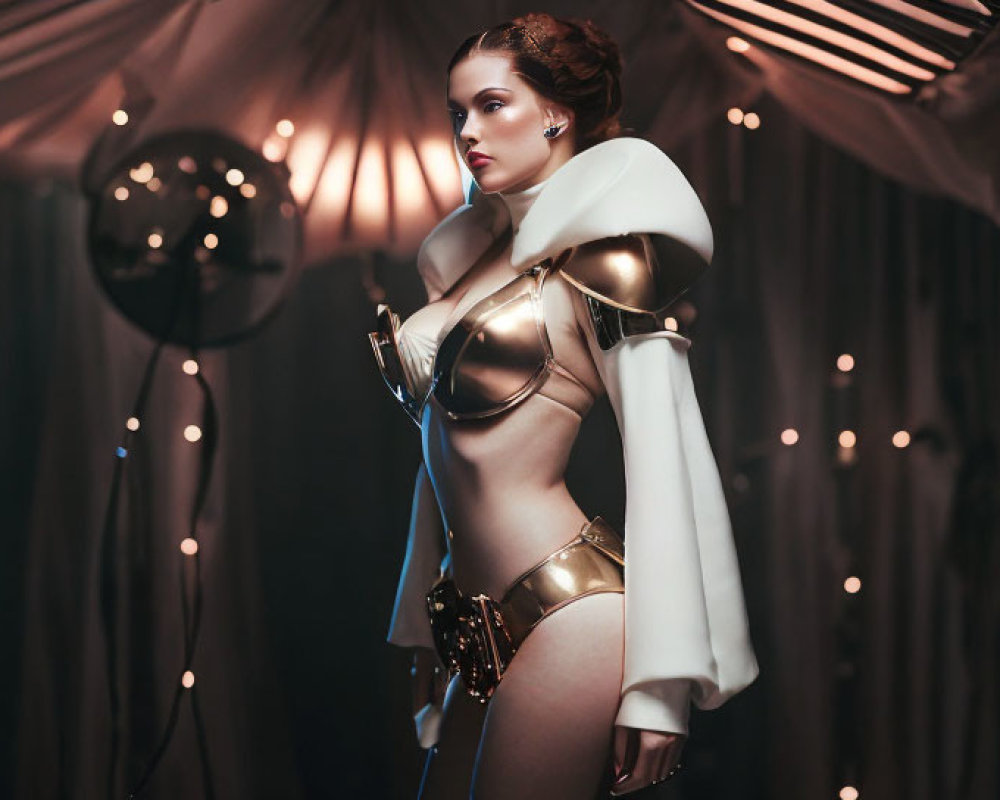 Futuristic woman in white and gold costume with metallic armor on soft lit backdrop