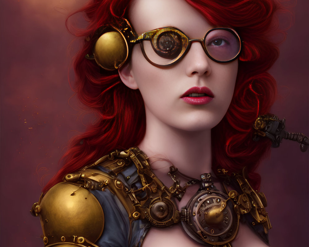 Vibrant red-haired woman in steampunk attire with brass accessories on pink backdrop