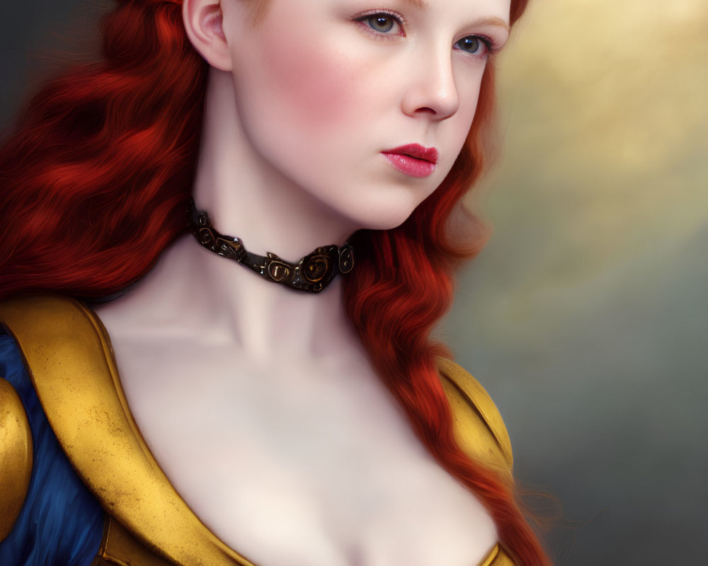 Regal woman with long red hair in golden crown and medieval dress