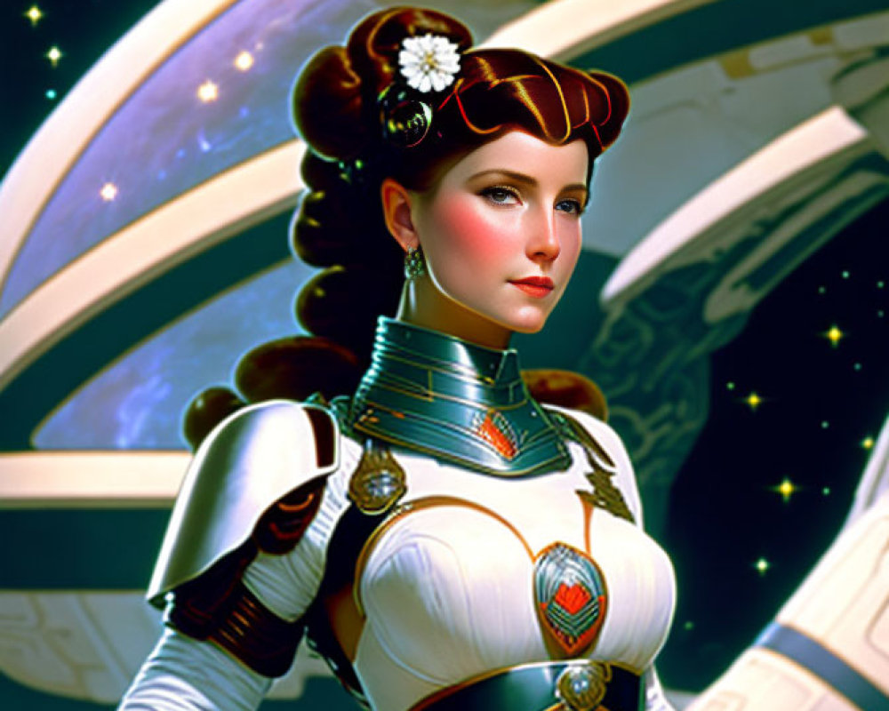 Illustrated woman in retro-futuristic space suit gazes at stars from spaceship window